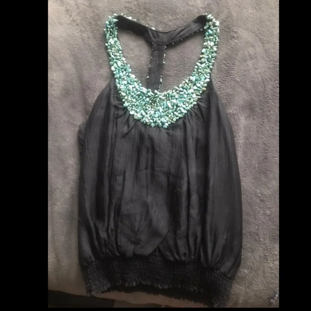 BEBE Silk Top & Turquoise Beaded Stones